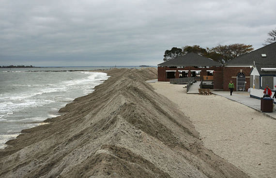 Protective berms line Compo Beach, as the first signs of Hurricane Sandy approach on October 28, 2012, in Westport, Connecticut. (Spencer Platt/Getty Images)
