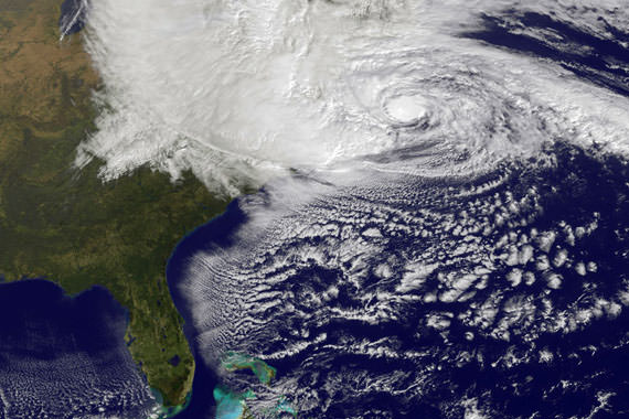 Hurricane Sandy, pictured at (10:40 a.m. Eastern) on October 29, 2012 by NASA's GOES satellite, churns off the east coast in the Atlantic Ocean. (NASA via Getty Images)