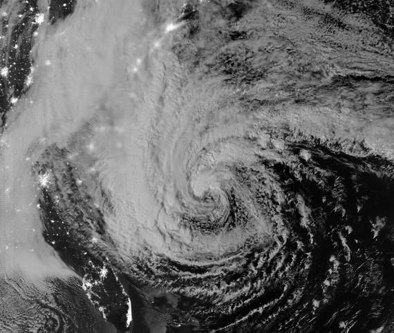 nighttime satellite image of Hurricane Sandy
